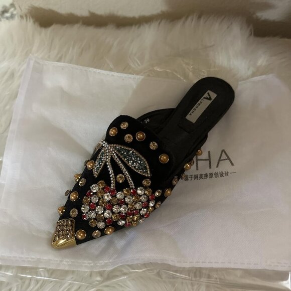 Mules for Women Flats Comfortable Soft Memory Foam Insole Cherry Pointed Rivet - Picture 6 of 9